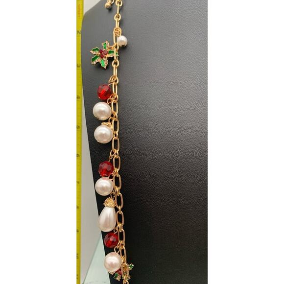Gold Tone Paper Clip Chain Faux Pearls Red Beads & Christmas Poinsettia Necklace - Picture 3 of 6
